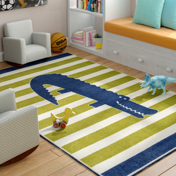 Zoomie Kids Bavaria Friendly Alligator Striped Lime/Navy/Cream Area Rug & Reviews Wayfair